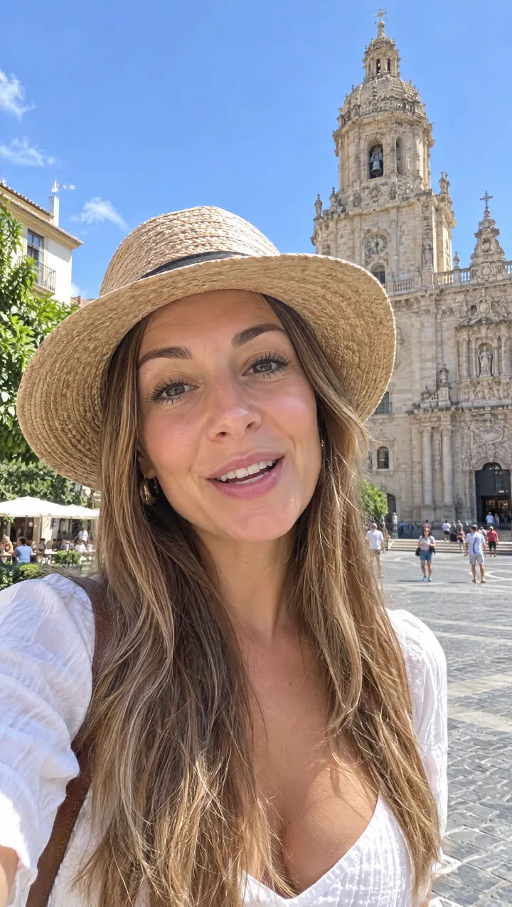 Mujer con sombrero de paja se graba a sí misma en una plaza soleada