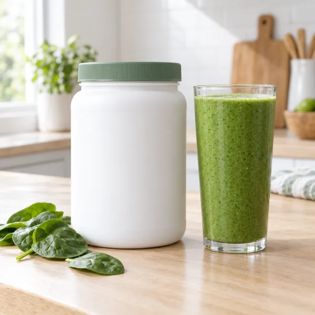 Bote blanco con tapa verde junto a un vaso de batido verde sobre la encimera