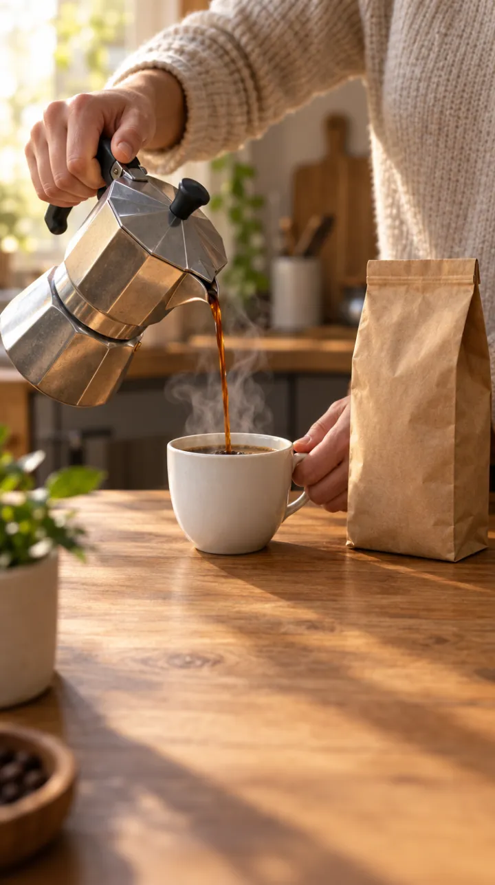 Unas manos sirven café de una cafetera italiana en una taza sobre una encimera de madera