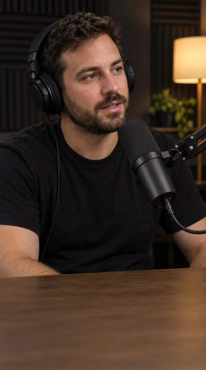 Hombre con auriculares habla a un micrófono de estudio en un pódcast