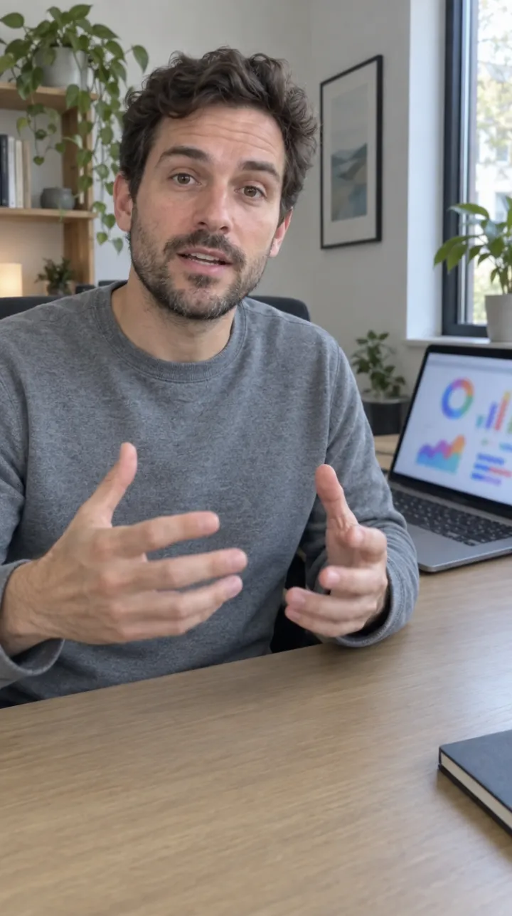 Hombre sentado ante una laptop con gráficos explica algo a cámara con las manos