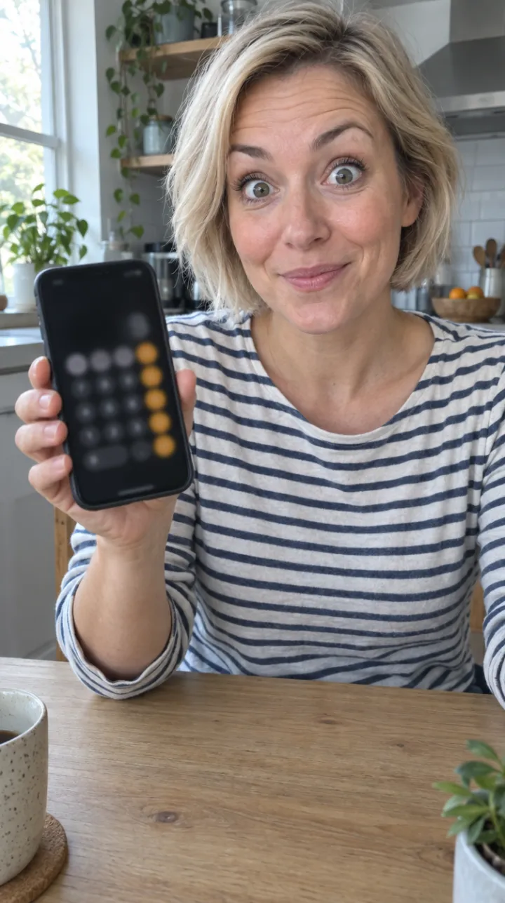 Mujer de pelo corto enseña la calculadora del celular con gesto de sorpresa