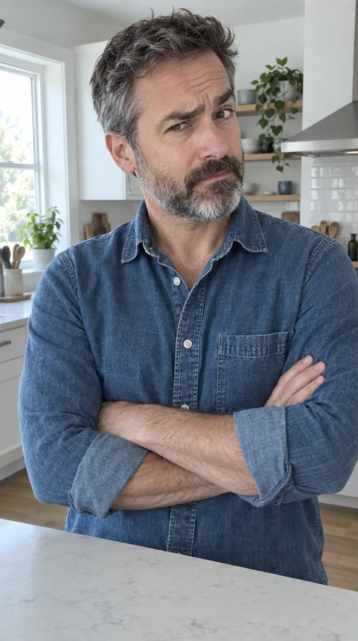 Hombre con barba y camisa vaquera mira a cámara con los brazos cruzados y una ceja levantada