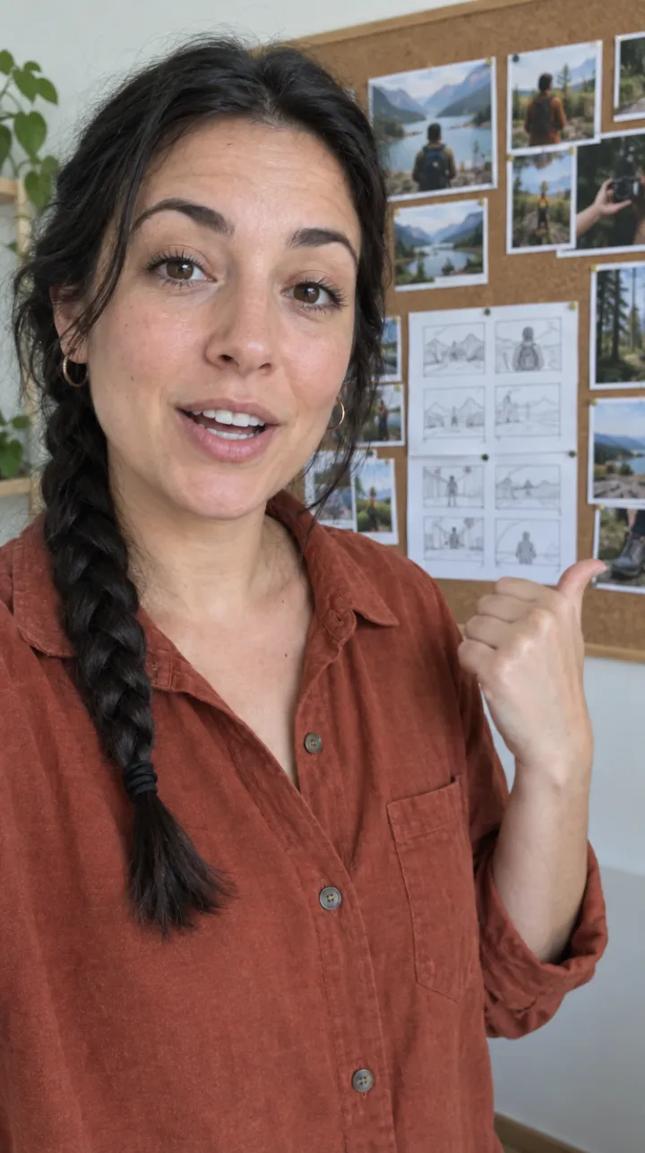 Mujer con trenza señala un tablero de corcho lleno de fotos y viñetas